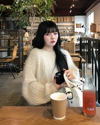 Boat neck cropped shaggy knit