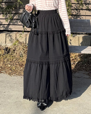 Lace tiered flared long skirt