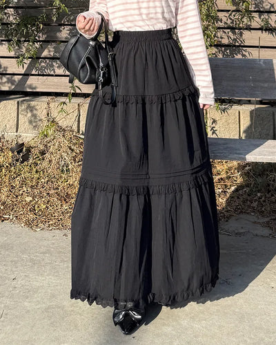 Lace tiered flared long skirt