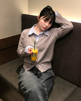 Layered shirt knit cardigan