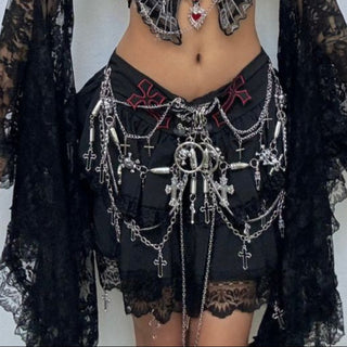 Long sleeve lace butterfly pattern metal chain mini skirt set