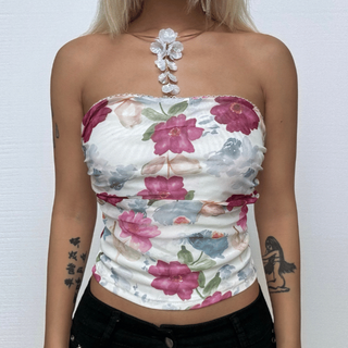 Ruched flower print backless tube top