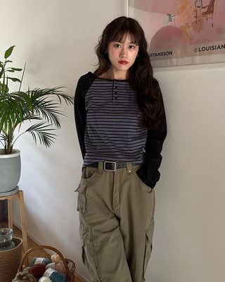 Striped raglan henley t-shirt