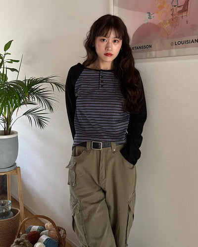 Striped raglan henley t-shirt