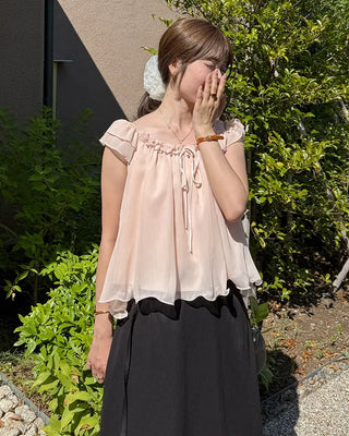 Frilled ribbon chiffon off-shoulder blouse