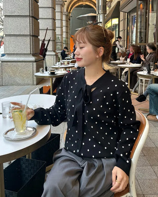 Polka Dot Ribbon Tie Knit Cardigan