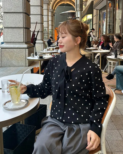 Polka Dot Ribbon Tie Knit Cardigan