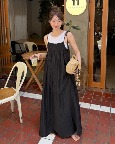 Ribbon Strap Shirred Gathered Dress