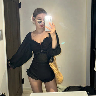 Puff-sleeve ruffled monokini