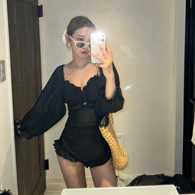 Puff-sleeve ruffled monokini