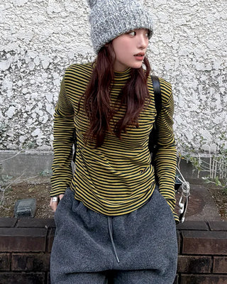 Half-neck striped long-sleeve T-shirt