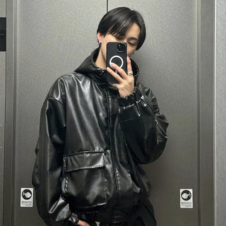 Leather hooded pocket jacket