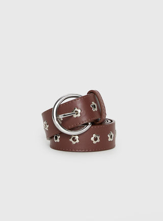 Alstro Faux Leather Flower Studded Belt Brown  Silver