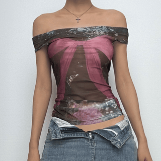 Off shoulder bowknot print sheer mesh top