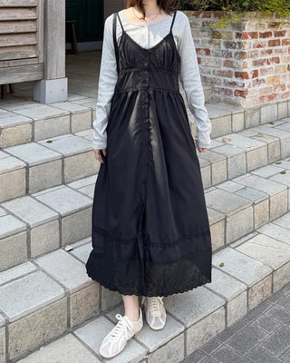 V-neck button slip long dress