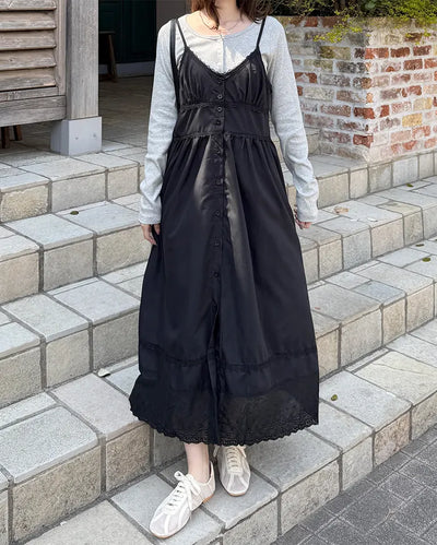 V-neck button slip long dress