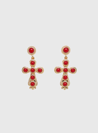 Oakwood Cross Earrings Gold  Red