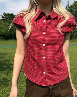 Checked shirred short-sleeved blouse