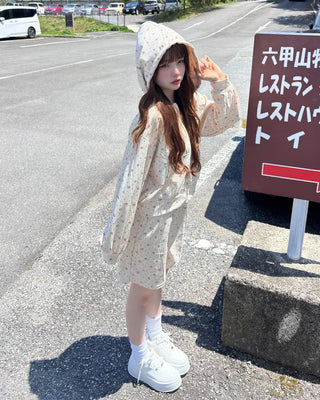 Flower zip hoodie & shorts set