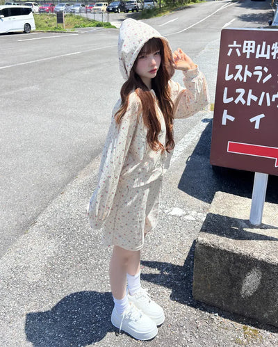 Flower zip hoodie & shorts set