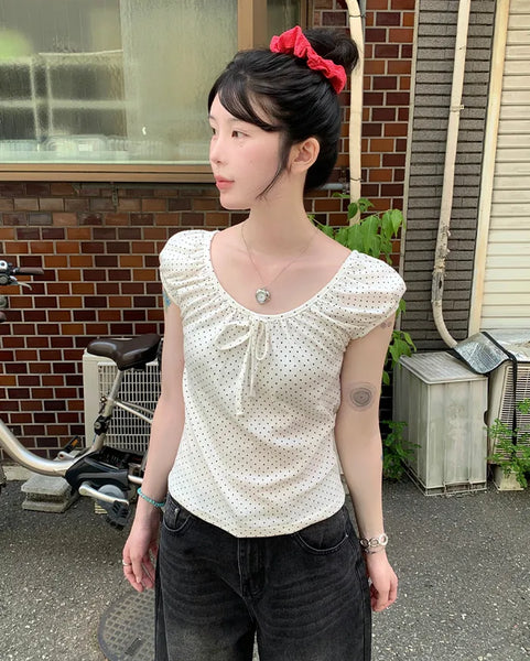Polka Dot Ribbon Cap Sleeve T-Shirt