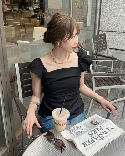 Frilled square neck shirred blouse