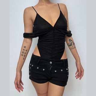 V neck off shoulder ruched bodysuit