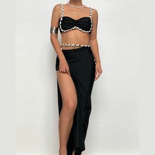 Hollow out ruched high slit cami maxi skirt set