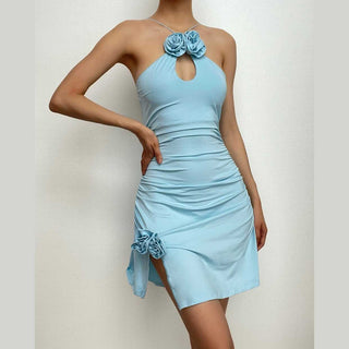 Ruched flower applique hollow out backless slit cut out mini dress