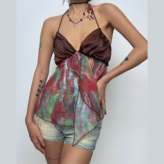 Halter v neck contrast beaded top