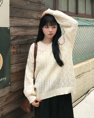 V-neck Cable Balloon Sleeve Long Knit