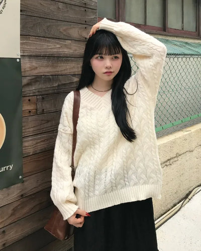 V-neck Cable Balloon Sleeve Long Knit