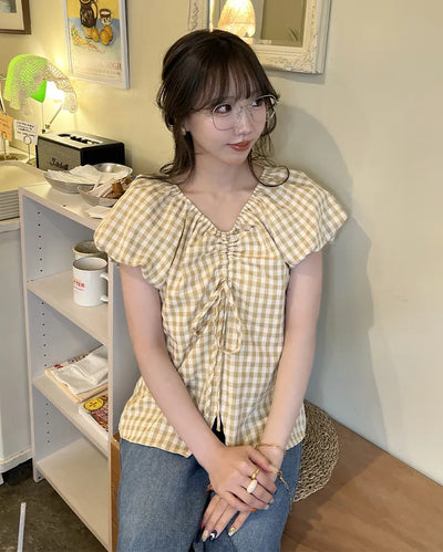 Checked Shirred V-Neck Blouse