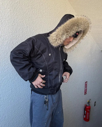 Fur-hooded padded short blouson