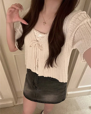 Ribbon Cropped Half-Sleeve Cardigan