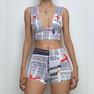 Letter print low cut backless pant set