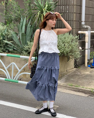 Checked tiered long skirt
