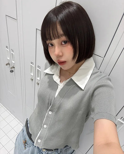 Shirt-style short-sleeved cardigan