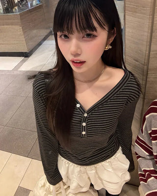 Jewel Neck Border Long Sleeve T-Shirt