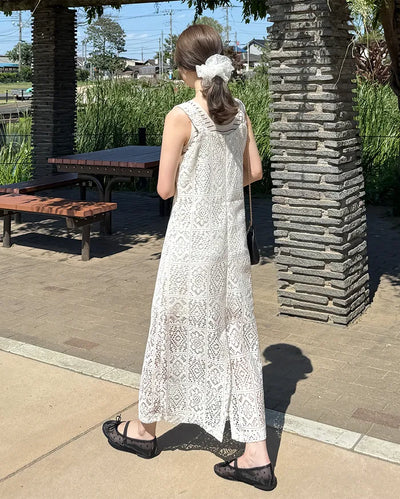 Perforated detail square neck long dress