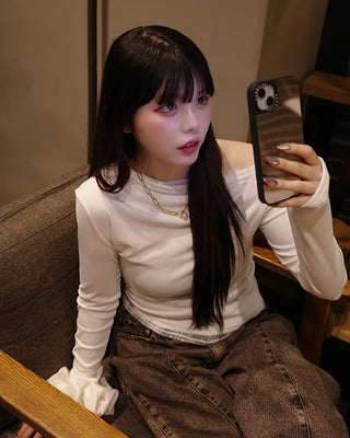 Lace-layered off-shoulder t-shirt