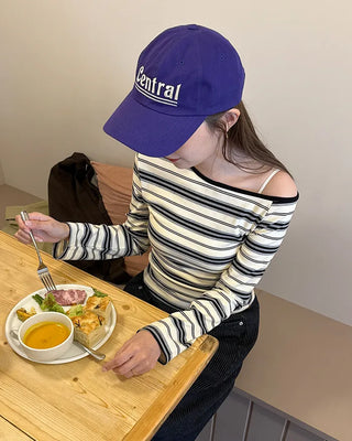 Half-off-shoulder striped T-shirt