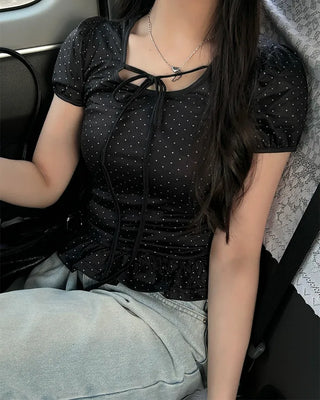 Polka Dot Ribbon Strap Puff Sleeve Short Sleeve T-Shirt