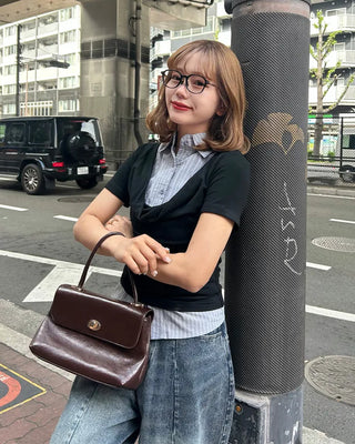 Drape neck layered short-sleeved shirt