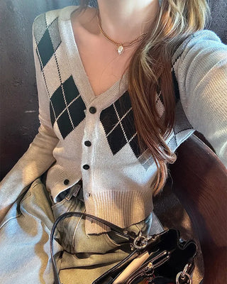 V-neck argyle crop cardigan