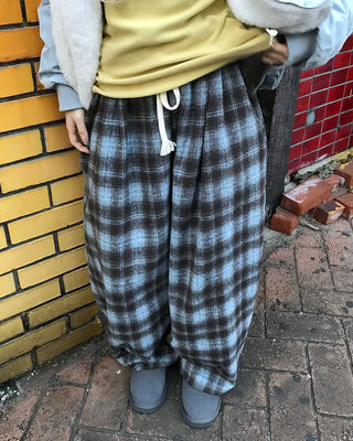 Checked wide-leg pants with string waistband