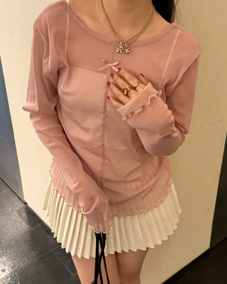 Ribbon sheer long-sleeve T-shirt