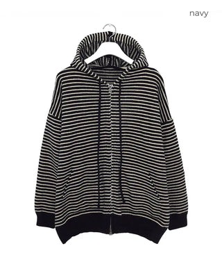 Striped knit hooded zip-up