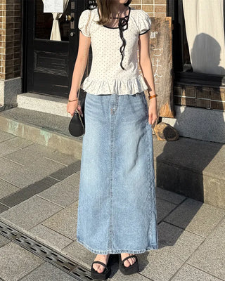 H-line elastic waist long denim skirt