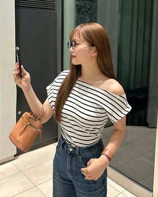 Asymmetrical Off-Shoulder Striped T-Shirt